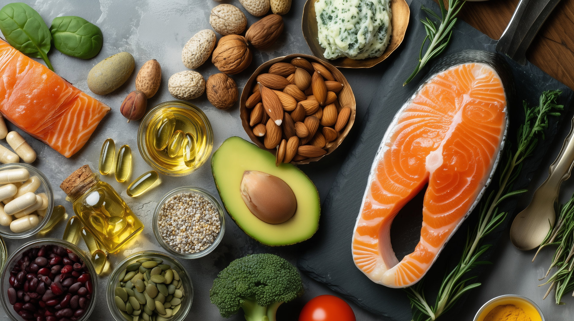 Assortment of nutrient-rich foods, nuts, seeds and supplements