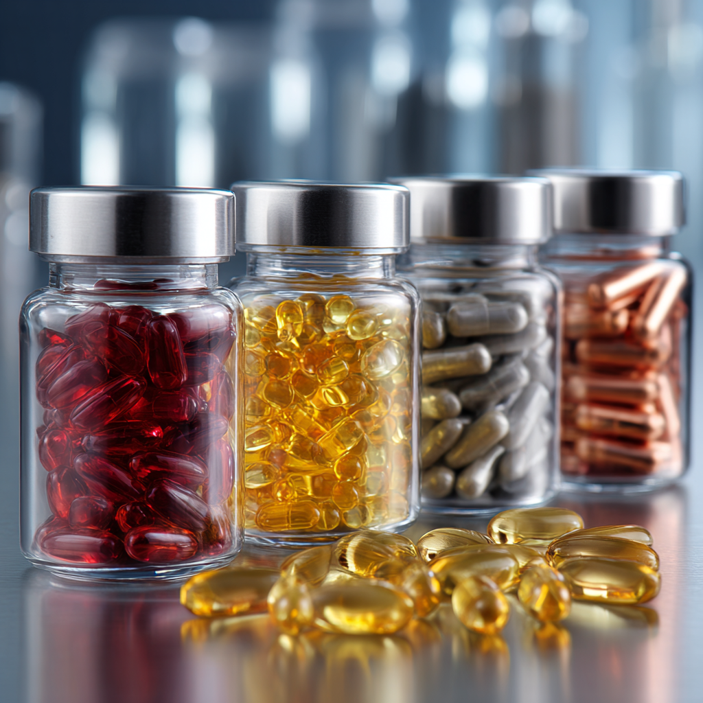 Supplement capsules and softgels in glass jars